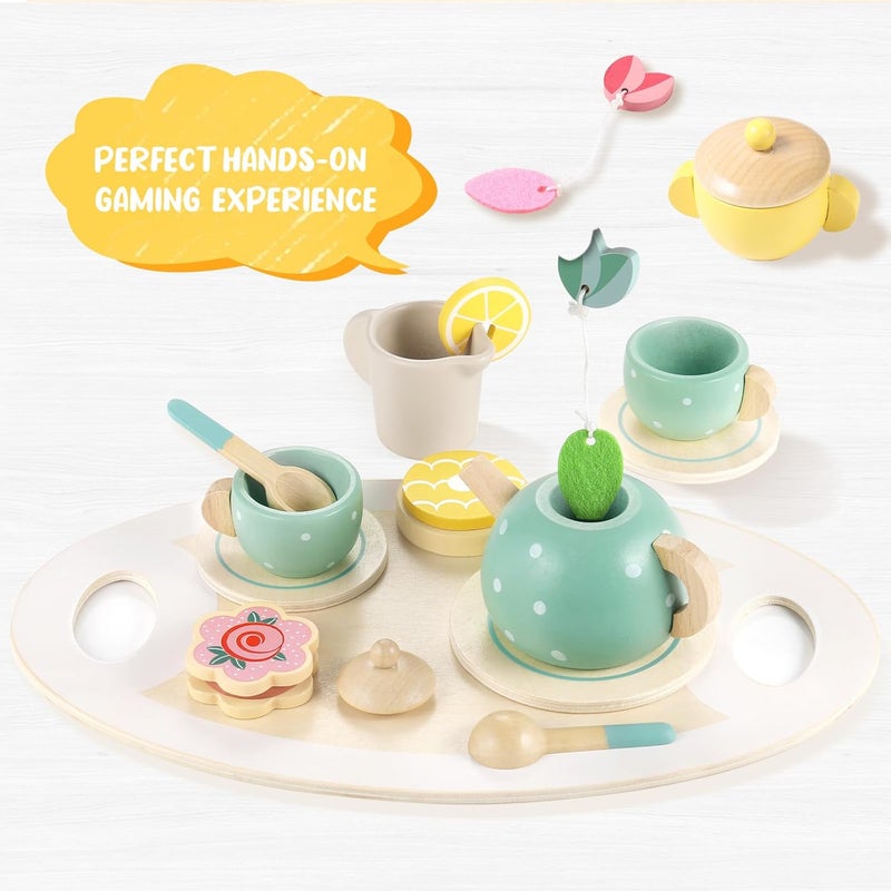 TARIOMART Wooden Tea Set for Little Girls,Wooden Toys Toddler Tea Set Play Kitchen Accessories for Kids Pretend Play Food Playset for Kids Tea Party 15Pcs - Image 4